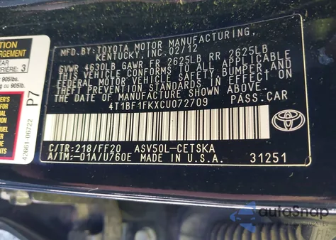 2012 Toyota Camry Se z USA, uszkodzony, nr VIN 4T1BF1FKXCU072709